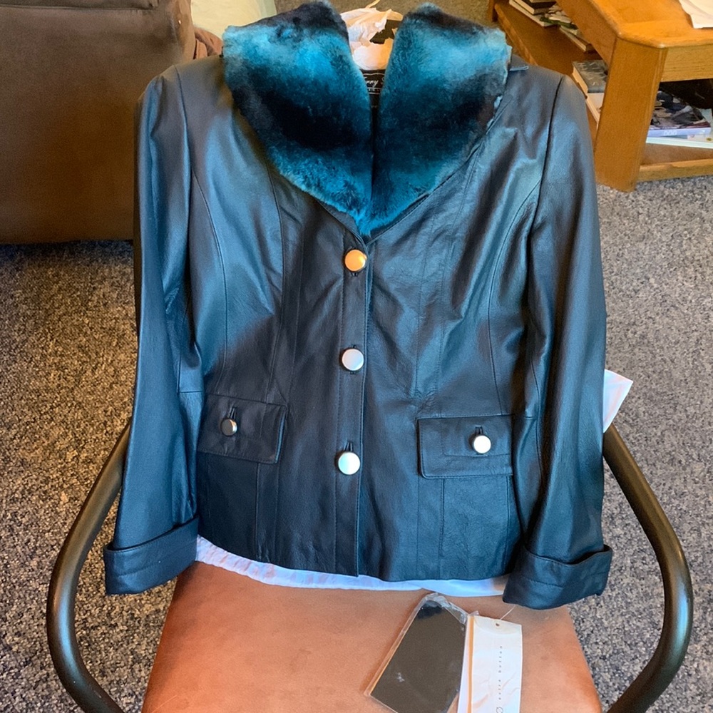 Terry Lewis navy blue leather blazer jacket with removable faux fur collar